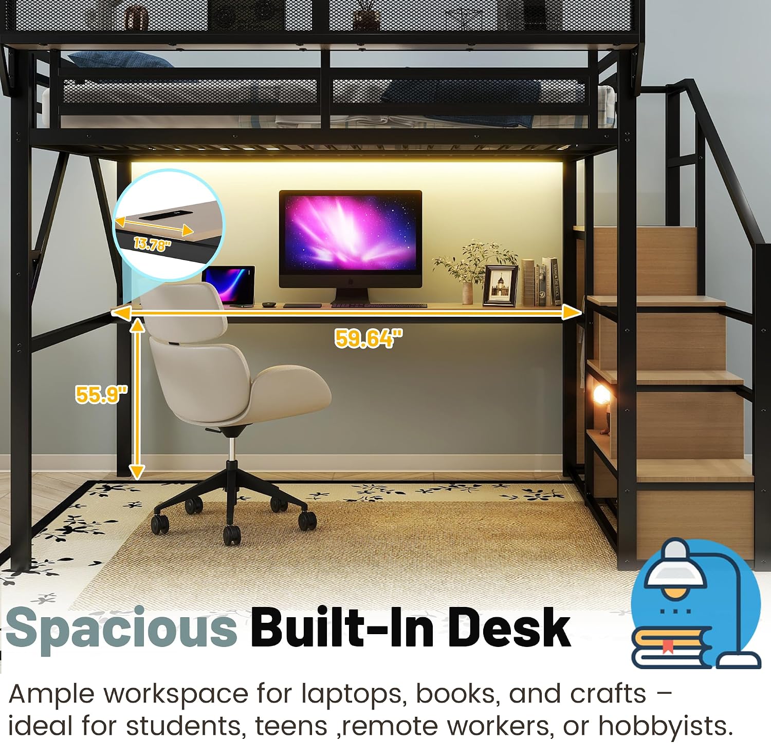 Queen Size Loft Bed with Stairs and Desk, Metal Lofts Bed Queen with Upper Storage Shelf, Gaming LoftBed with LED, Charging Station and Wardrobe for Teens, Adults,Black