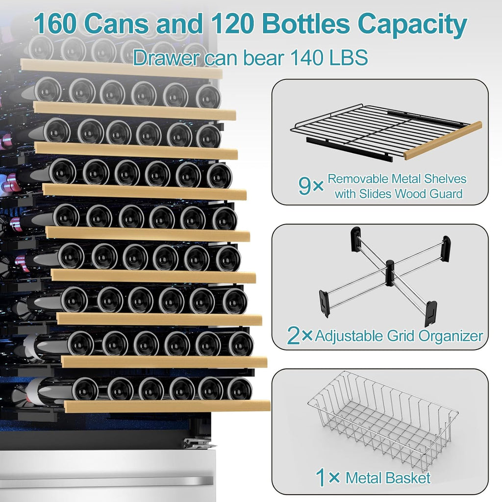 Tylza Wine and Beverage Refrigerator, 24'' Dual Zone Wine Fridge with Dual Drawers, Holds 160 Cans and 120 Bottles, Reversible Door, Built-In or Freestanding, Beverage Fridge for Home or Commercial