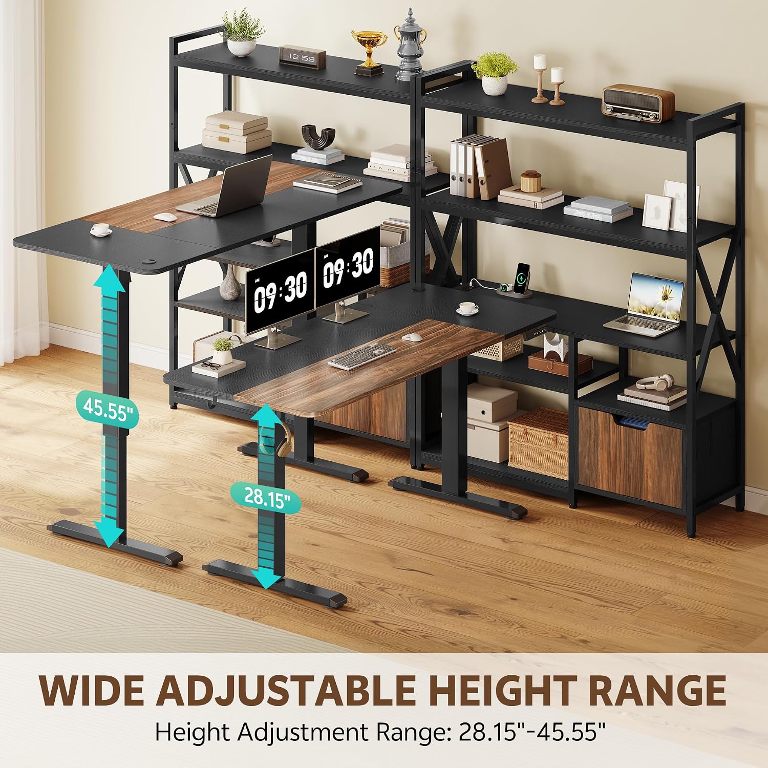 77.8 Inches L Shaped Standing Desk Corner Desk with Hutch Electric Height Adjustable Desk with Storage Shelves File Drawer Power Outlets Reversible Computer Gaming Desk for Home Office Black