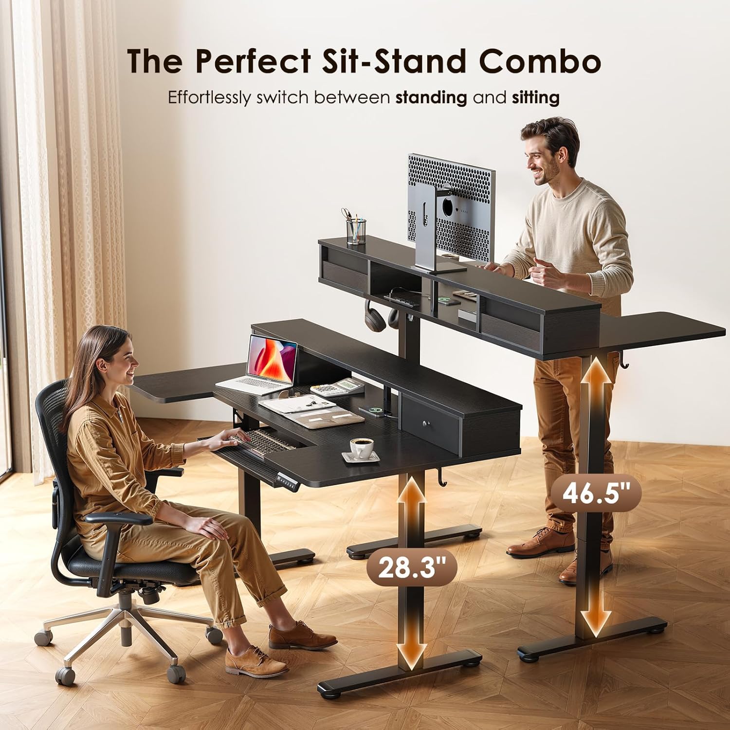 OffiGo U Shaped Electric Standing Desk with Drawers, 55 Inch Height Adjustable Desk with Keyboard Tray ＆ Ergonomic Monitor Stand, Sit Stand Table with Power Outlets for Home, Office, Black