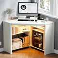 Corner Desk with Charging Station & LED Light, Triangle Computer Desk for Small Spaces with Storage Shelves & CPU Stand, Space Saving Writing & Makeup Vanity Desk -White