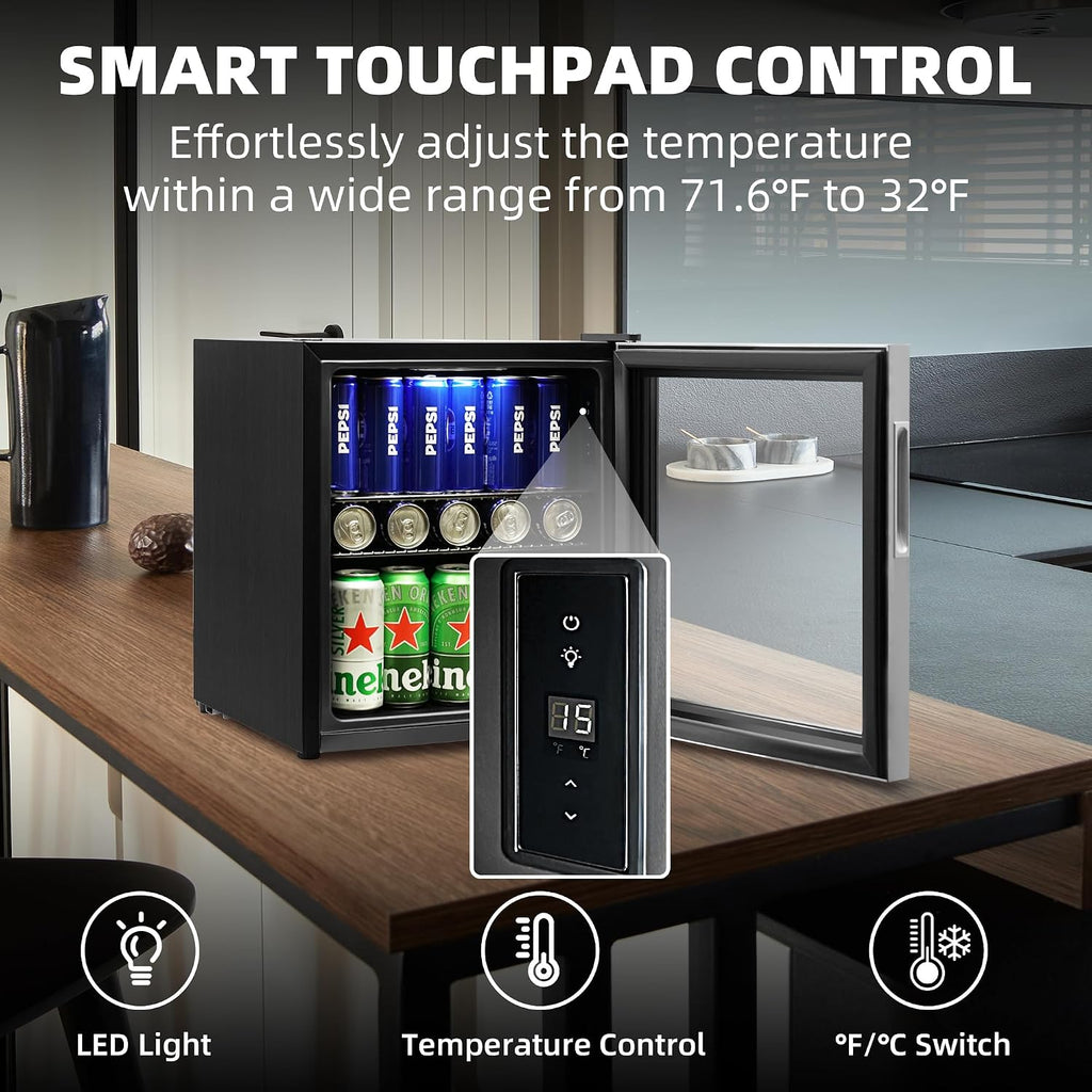 Beverage Refrigerator, 1.6 Cu.Ft Mini Fridge, Stainless Steel, LED Digital Temp Control, Double Glass Door, Adjustable & Removable Shelves, Compact Design for Home & Office