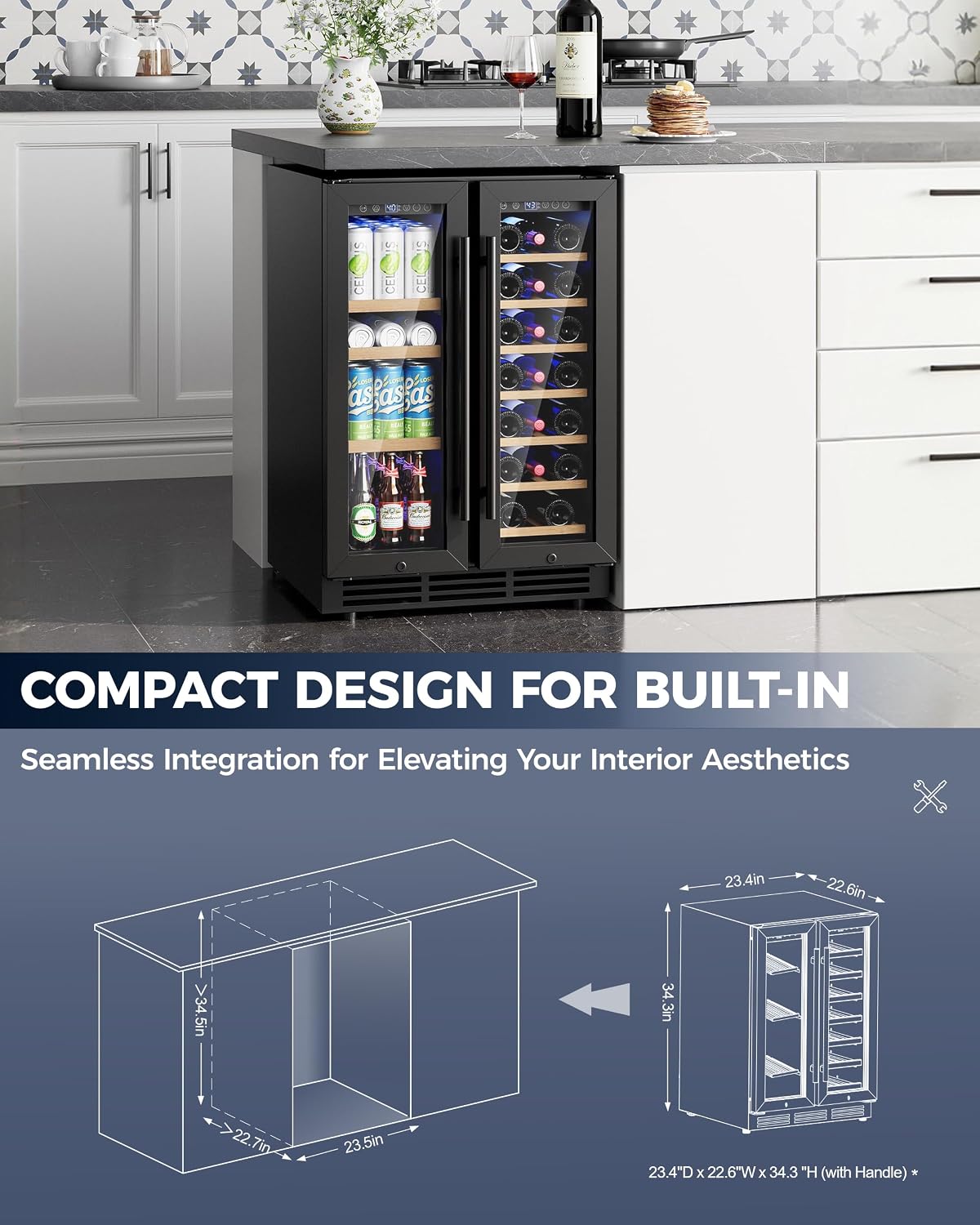 Wine and Beverage Refrigerator, 24 Inch Beverage Refrigerator with Glass Door, Wine Fridge Holds 20 Bottles & 60 Cans, Under Counter Refrigerator with Quiet Cooling System & LED Light