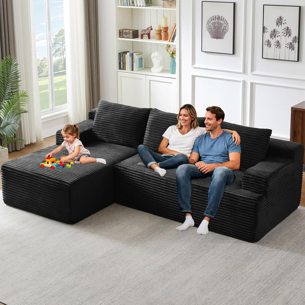 96' Modular Sectional Sofa Couches L-Shape Couch 3 Seat Modular Sofa Corduroy Memory Foam Sectional Boneless Couches for Living Room, Cloud Couch with Oversized Chaise(Black, Left Facing)