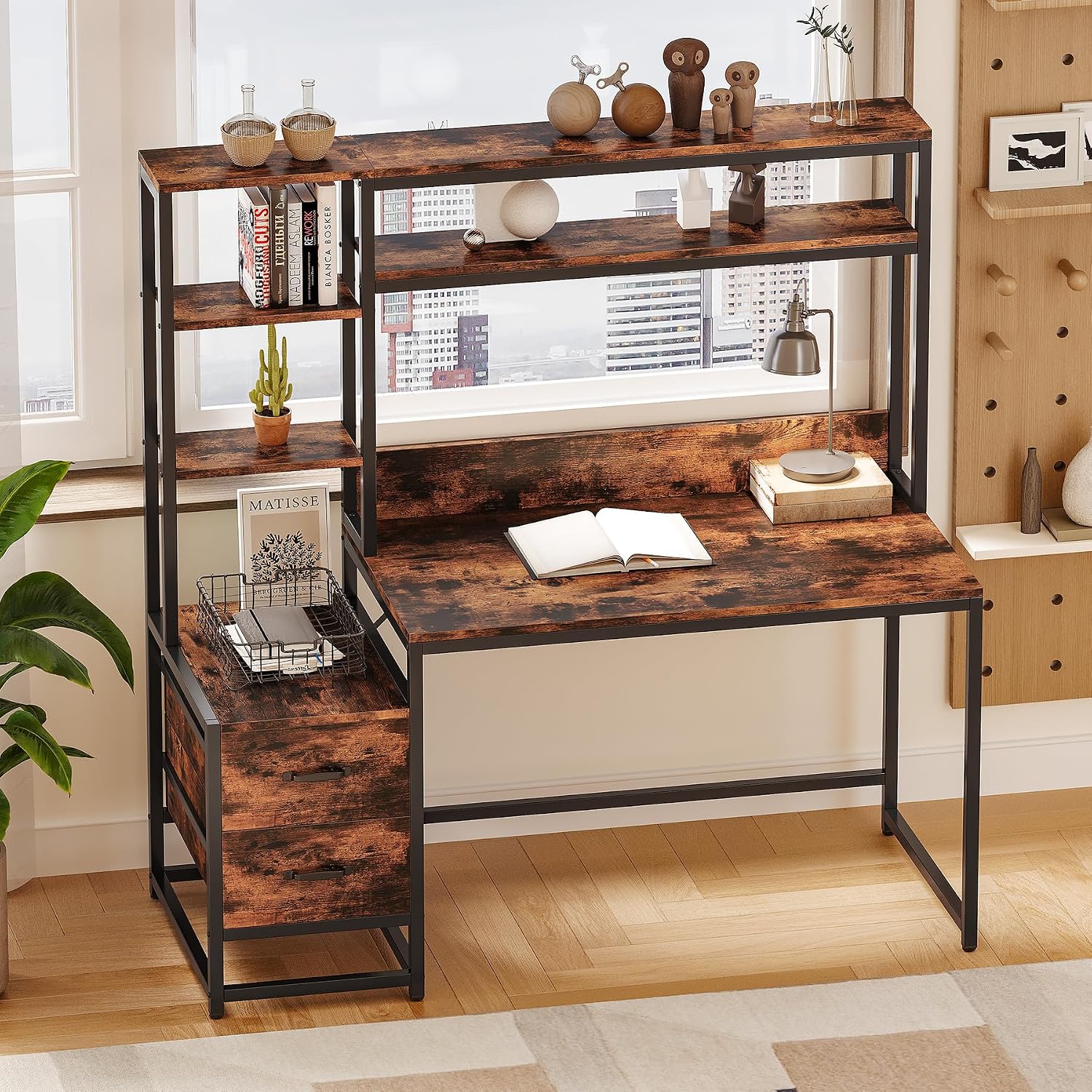 LITTLE TREE Computer Desk with Drawers and Hutch, 55' Gaming Desk with Storage Shelves, Modern Wooden Study Writing Desk for Bedroom Home Office, Brown