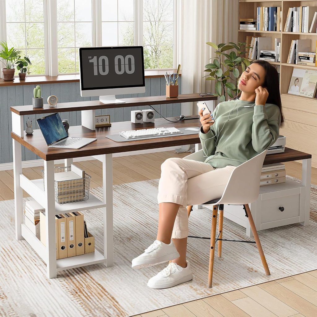 EnHomee 60.4' Computer Desk with Drawer & Power Outlet, Gaming Desk with LED Light, Farmhouse Desk Study Desk with Monitor Stand, Home Office Desk, Work Desk for Bedroom, Study Room, White