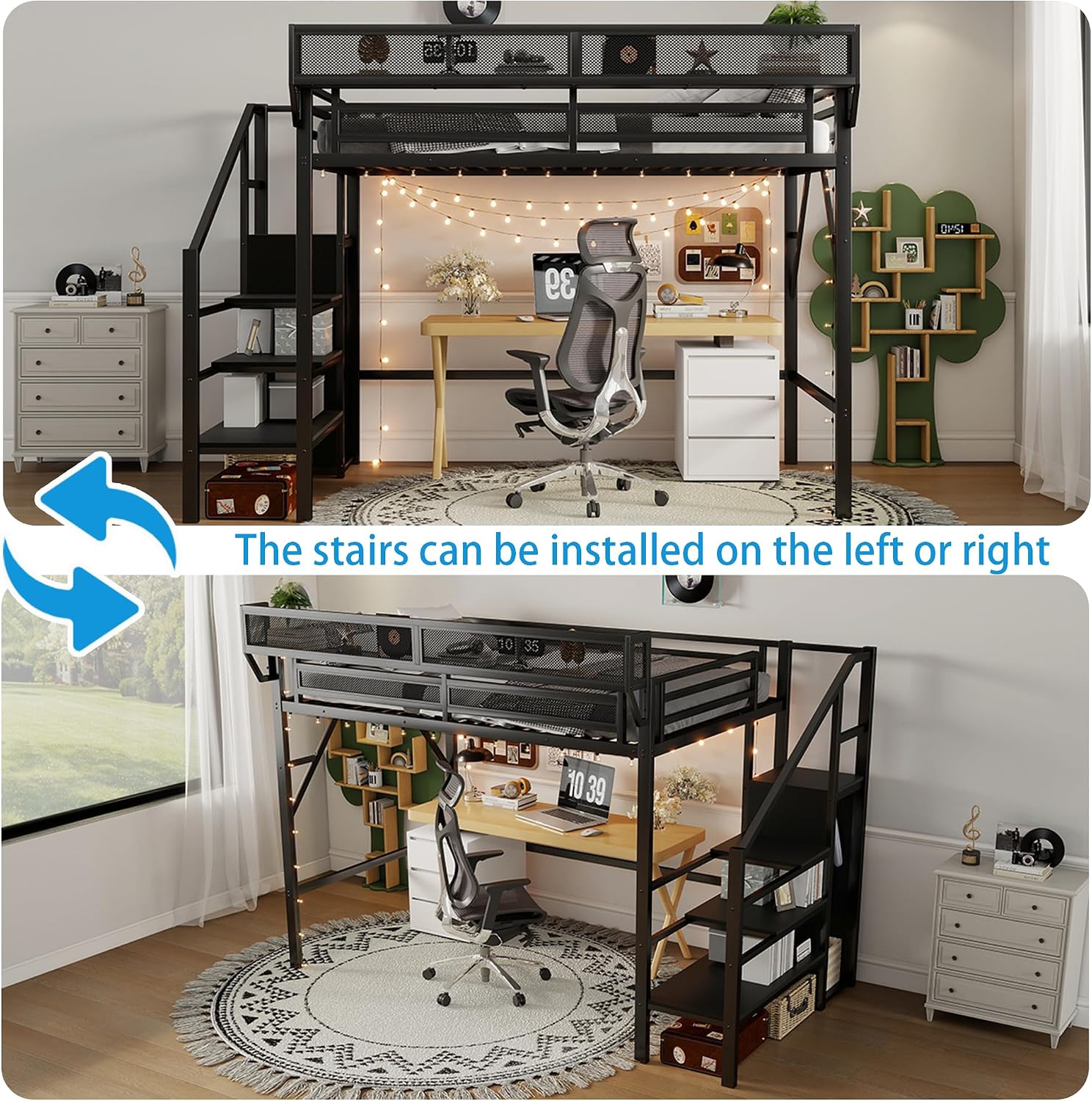 Twin XL Loft Bed with Stairs, Metal Loft Beds Frame with Storage Shelves and Wardrobe, Heavy Duty High Lofted Bed for Kids Teens,Black + Black Stair
