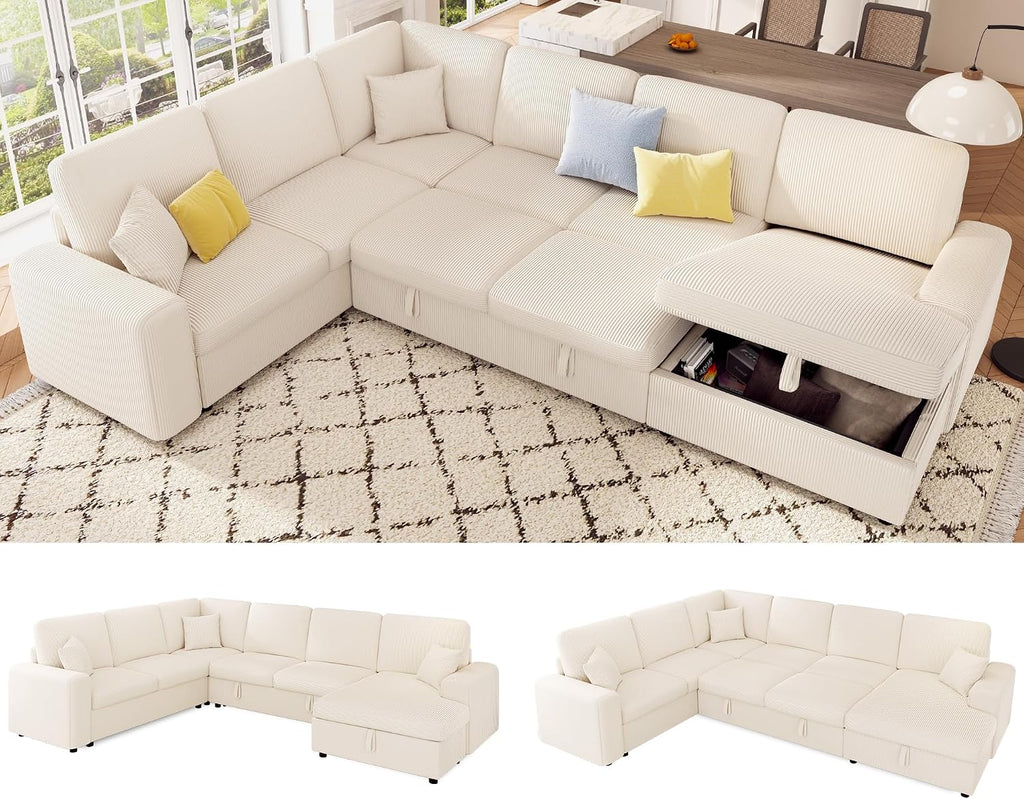 VanAcc 130' Sofa Bed, Sectional Sleeper Sofa with Pull Out Bed, Sleeper Couch with Storage, 6 Seater Couch for Living Room, Corduroy Off-White
