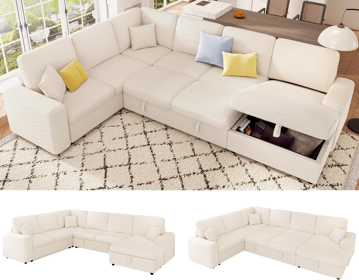 VanAcc 130' Sofa Bed, Sectional Sleeper Sofa with Pull Out Bed, Sleeper Couch with Storage, 6 Seater Couch for Living Room, Corduroy Off-White