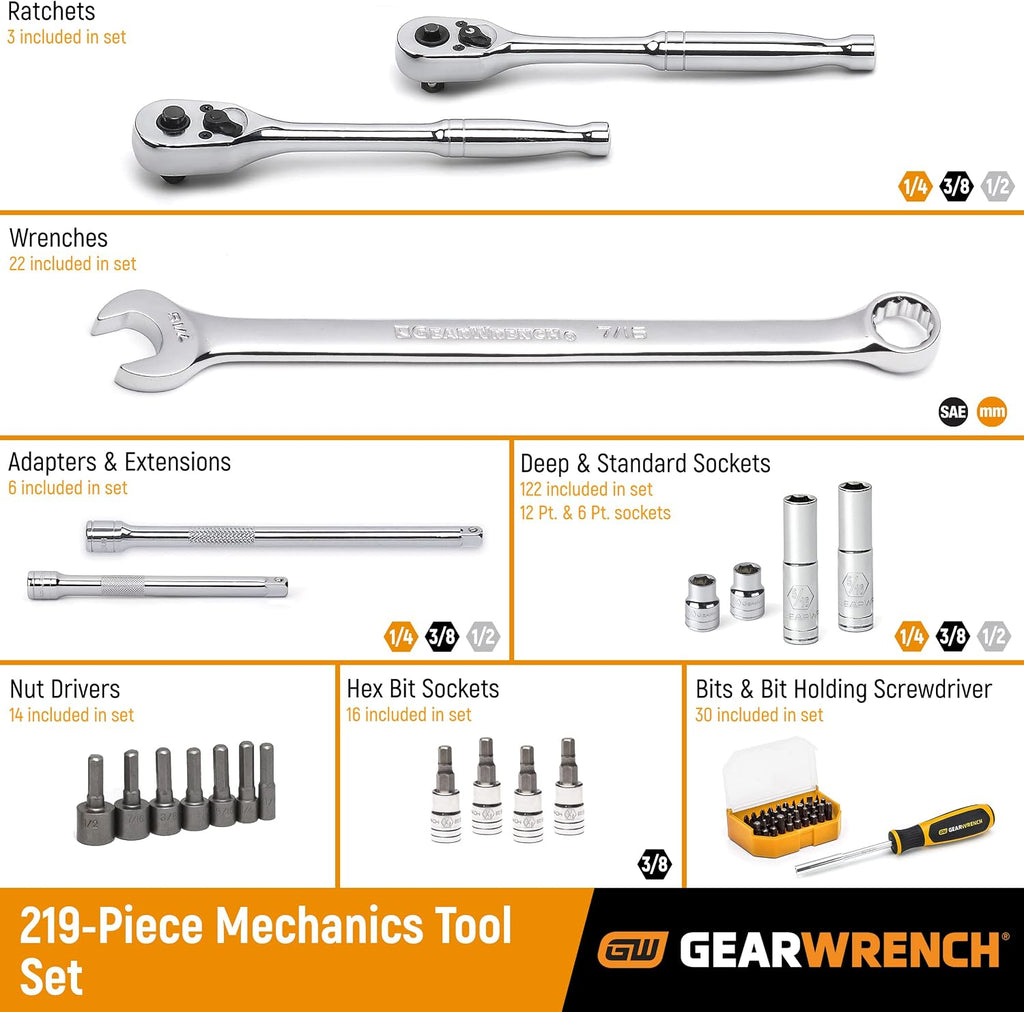 GEARWRENCH 219 Pc. Mechanics Tool Set in 3 Drawer Storage Box - 80940