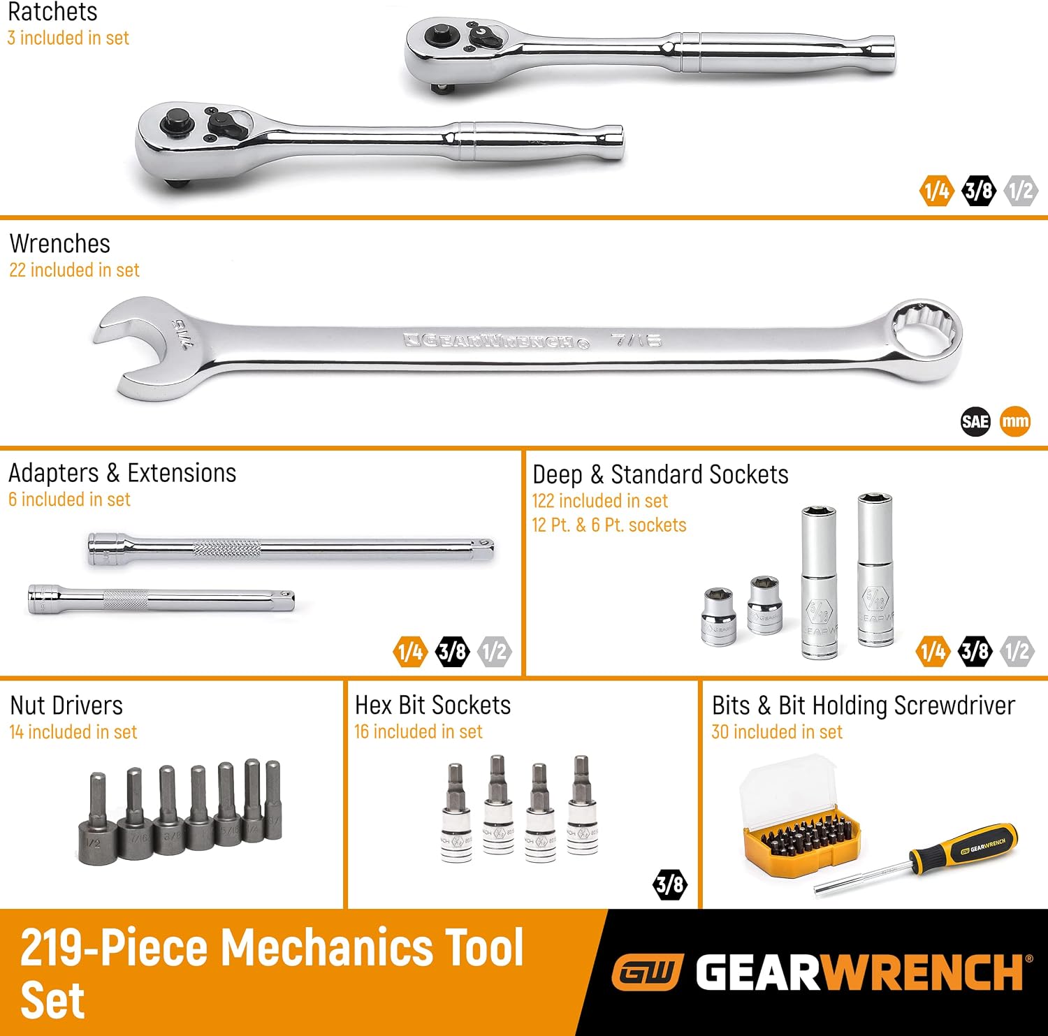 GEARWRENCH 219 Pc. Mechanics Tool Set in 3 Drawer Storage Box - 80940