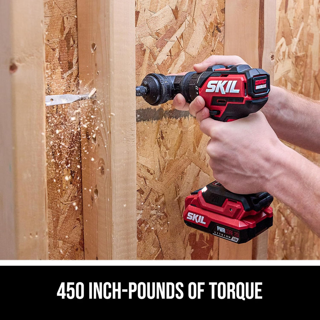 SKIL PWR CORE 20 Brushless 20V Compact Multi-Head Drill Driver Kit, Includes 2.0 Ah USB-C Battery & PD Charger - QD6293B-10