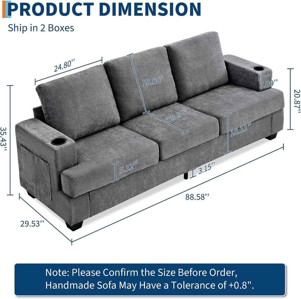 GarveeHome Modern 89 in 3-Seater Sofa for Living Room, Comfy Couches with Deep Seat, Chenille Couch with Cup Holders and Side Storage Pockets for Apartment Lounge, Grey