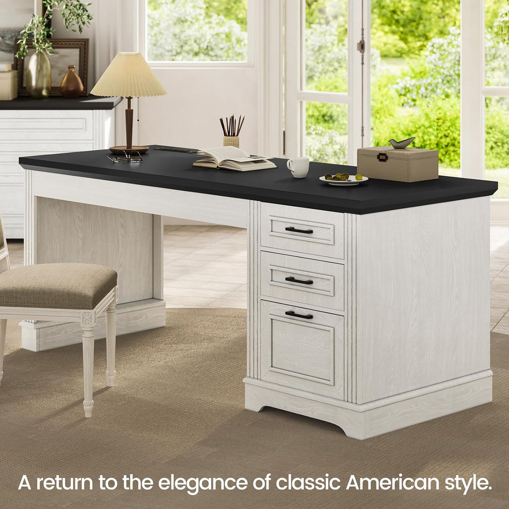 Itaar Farmhouse 55' Executive Desk, Computer Desk with Storage Drawers and Power Outlet, Home Office Desk, Workstation for Office Home, White