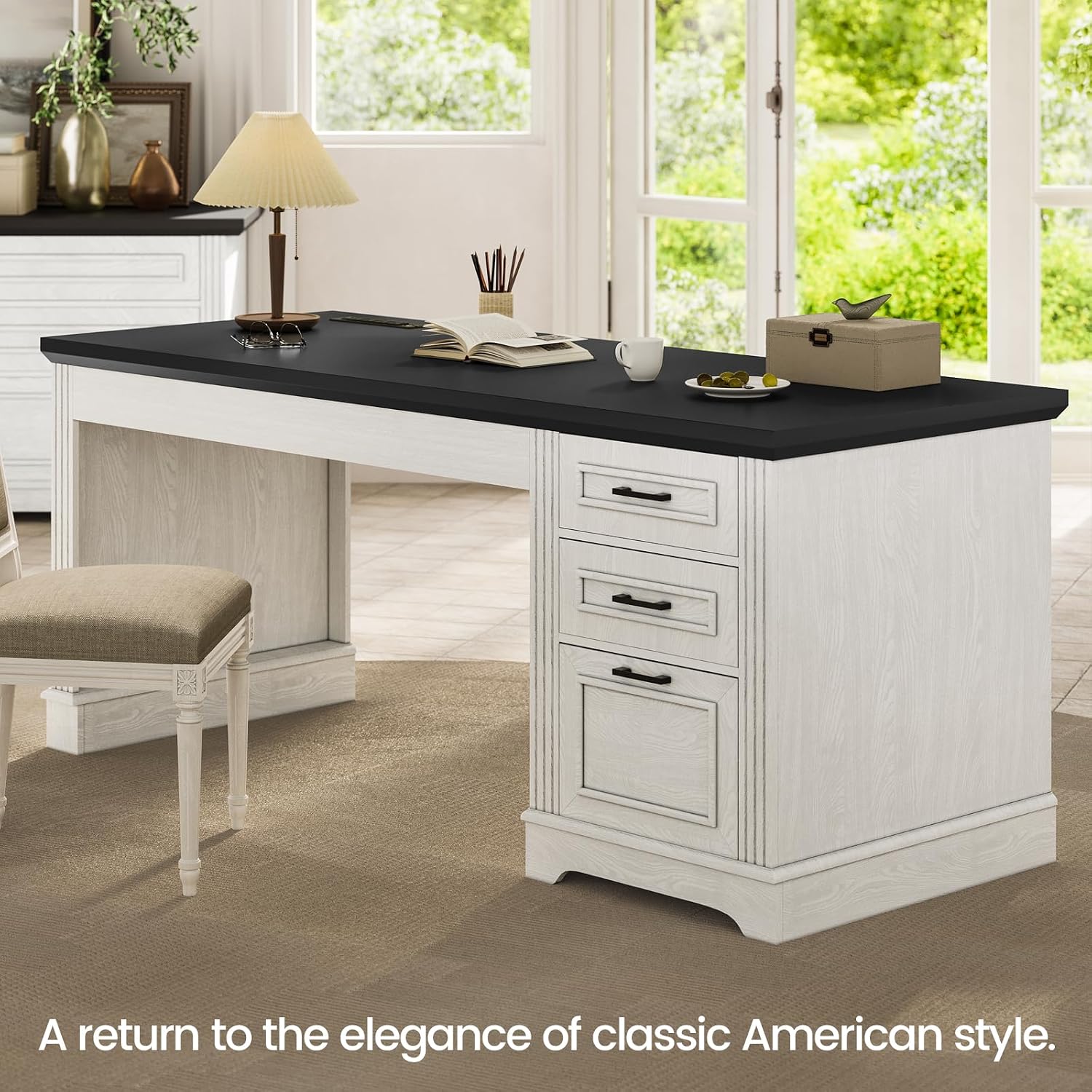 Itaar Farmhouse 55' Executive Desk, Computer Desk with Storage Drawers and Power Outlet, Home Office Desk, Workstation for Office Home, White