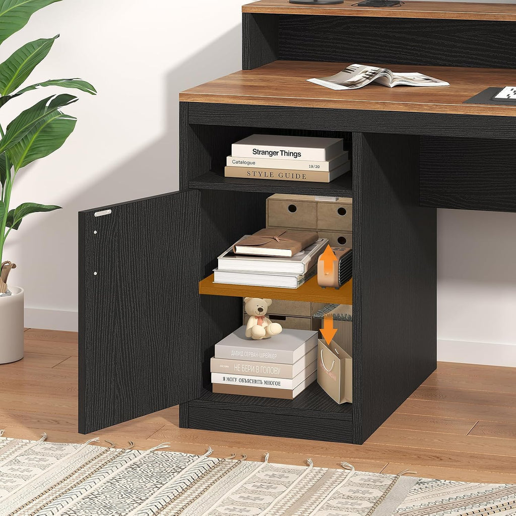 YOMILUVE Computer Desk with 3 Drawers & Storage Shelves, 65 Inch Home Office Desk with File Drawer & Cabinet, Writing Study Desks with Monitor Stand & Printer Shelf, Executive Desk, Brown and Black