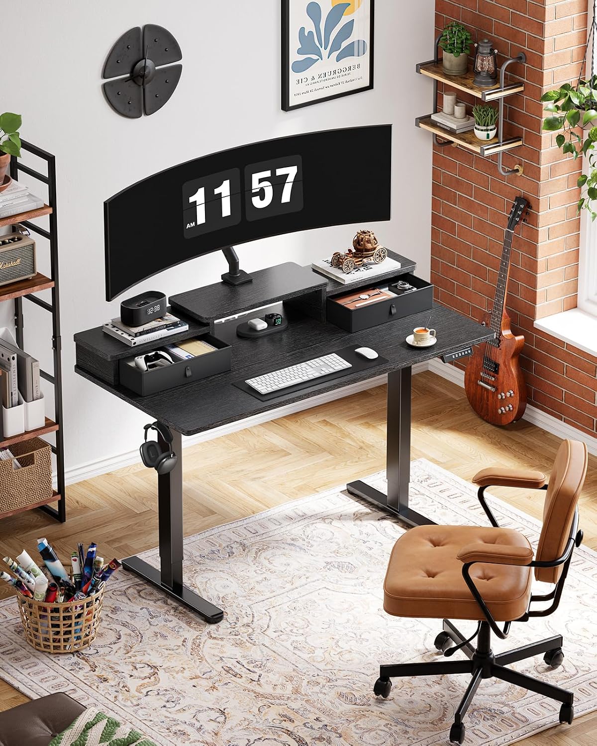 Marsail 55″ x 28″ Electric Standing Desk with Drawers, Height Adjustable Sit Stand Up Desk with Storage Shelf, Ergonomic Home Office & Computer Table with 4 Memory Heights, Black
