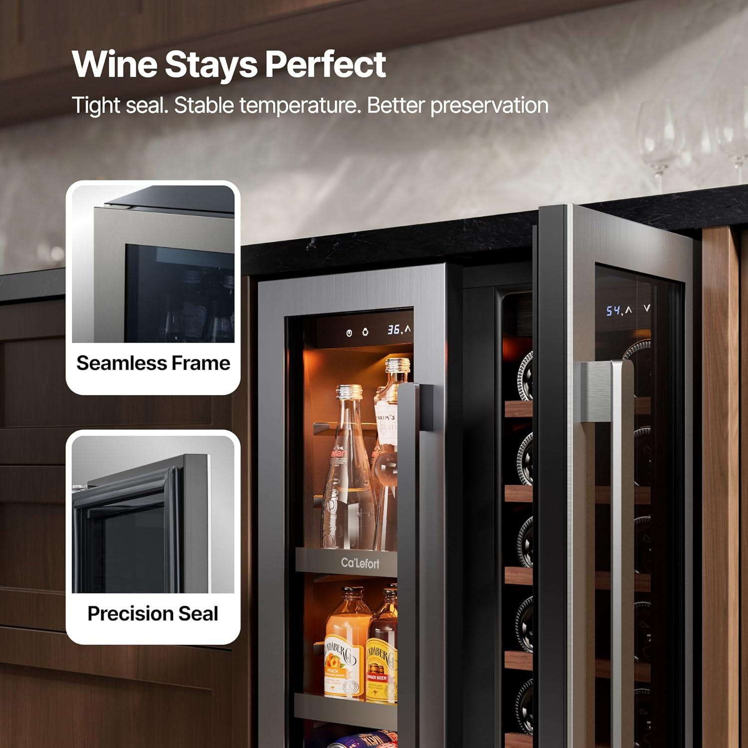 Ca'Lefort 24 Inch Wine and Beverage Refrigerator, Dual Zone Wine Cooler with Glass Door, Holds 60 Cans 20 Bottles, 3 Color LED Built-in or Under Counter Wine Fridge for Kitchen Home Bar