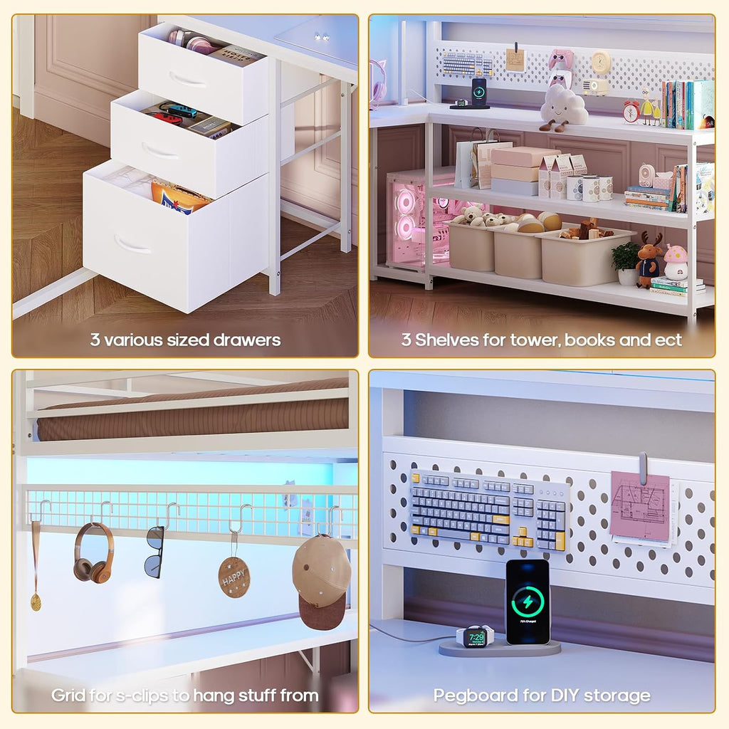 ADORNEVE Loft Bed Full Size with L-Shaped Gaming Desk, Arcylic RGB Hutch & Safety Charging Station, Metal Loft Bed with Storage Drawer, Safety Guardrail & Ladder, Space Saving for Teen Girls, White