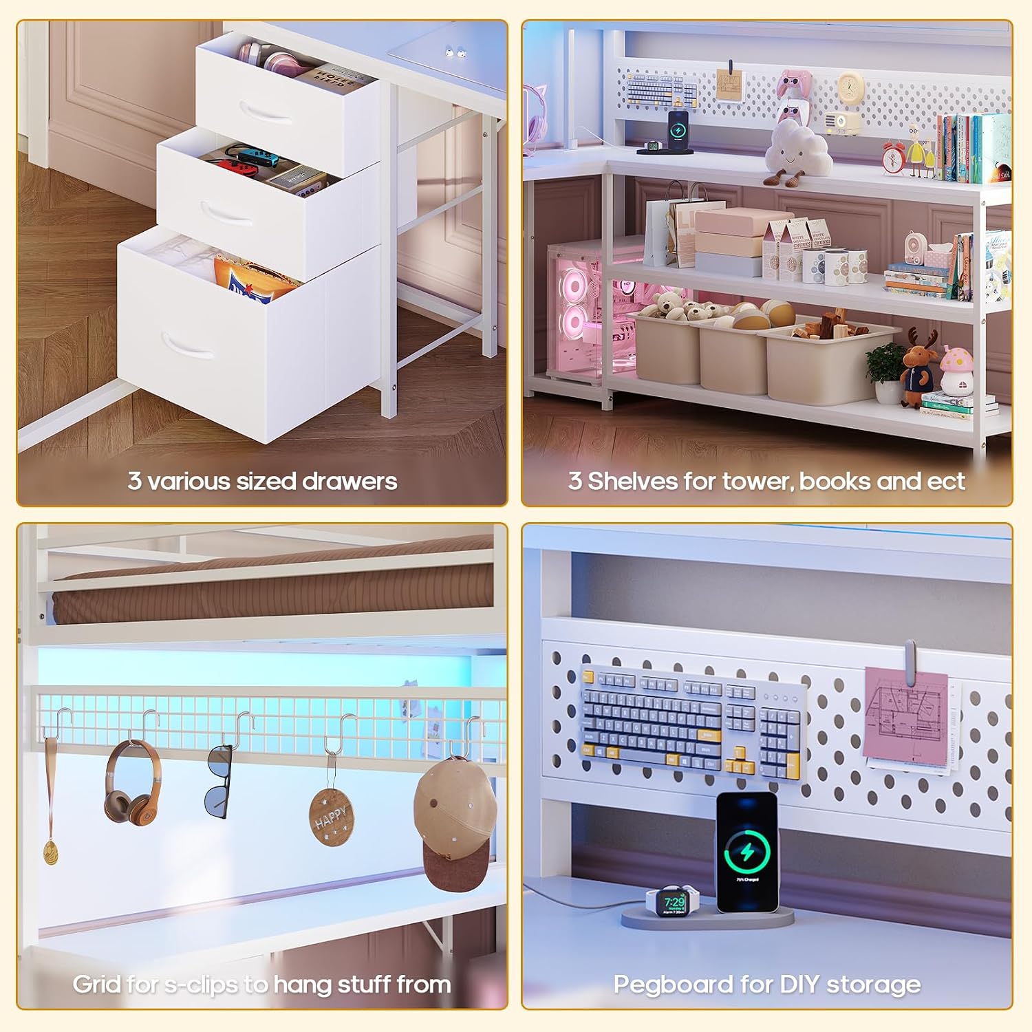 ADORNEVE Loft Bed Full Size with L-Shaped Gaming Desk, Arcylic RGB Hutch & Safety Charging Station, Metal Loft Bed with Storage Drawer, Safety Guardrail & Ladder, Space Saving for Teen Girls, White