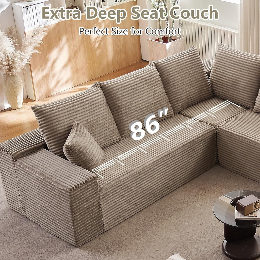 Sectional Cloud Couch for Living Room, Modern Modular Floor Deep-Seat Sofa, Upholstered L Shaped Sofas, Big Comfy Corduroy Couches Set for Living Room Bedroom, No Assembly Required, Camel