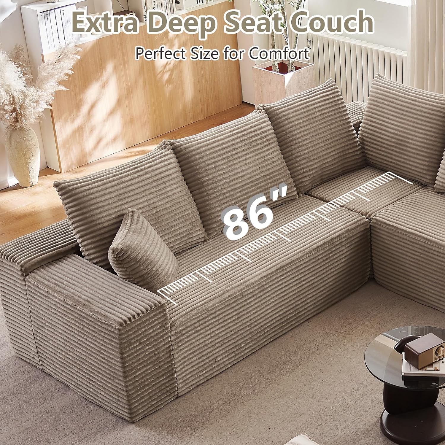 Sectional Cloud Couch for Living Room, Modern Modular Floor Deep-Seat Sofa, Upholstered L Shaped Sofas, Big Comfy Corduroy Couches Set for Living Room Bedroom, No Assembly Required, Camel
