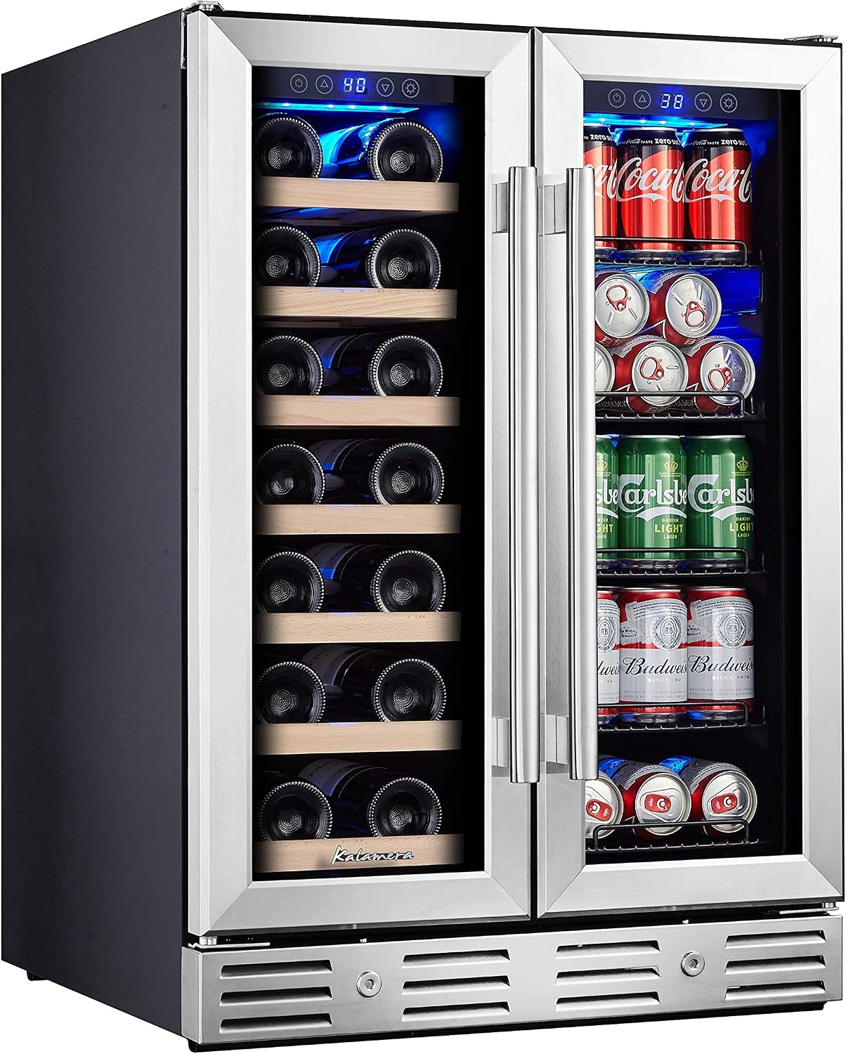 Kalamera Wine and Beverage Refrigerator, 24 inch Wine Fridge Dual Zone Hold 20 Bottles and 78 Cans, Digital Touch Control, Built-In or Freestanding