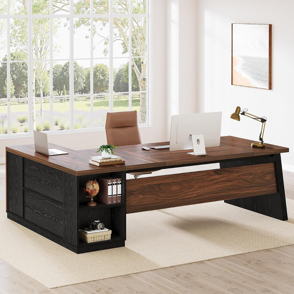 Tribesigns 78' L Shaped Executive Desk, Large Office Desk with Drawers and Storage Shelves, Modern Corner Computer Table Business Furniture for Home Office (Walnut & Brown)