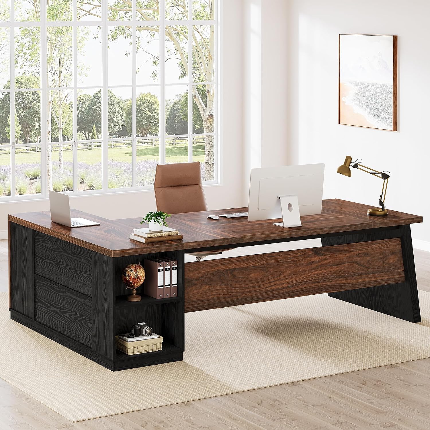 Tribesigns 78' L Shaped Executive Desk, Large Office Desk with Drawers and Storage Shelves, Modern Corner Computer Table Business Furniture for Home Office (Walnut & Brown)