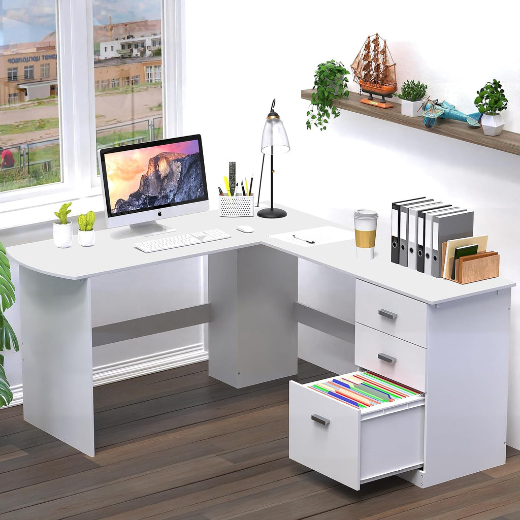 SHW 51 x 59 Inches L-Shaped Home Office Wood Corner Desk with Box Box File Drawers, White