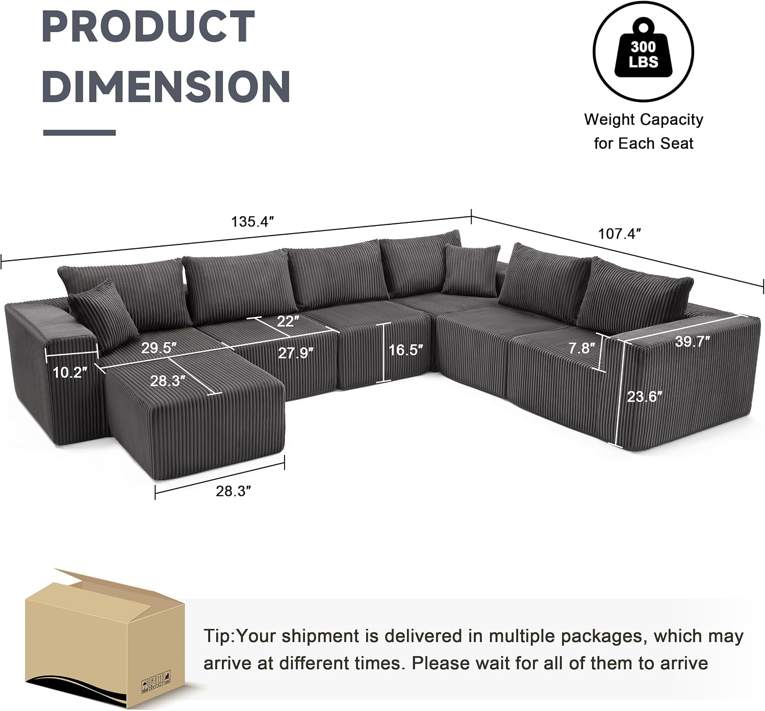 Cloud Couch Sectional, Modular Sofa with Deep Seat, Convertible Sectional Couches for Living Room, Plush Corduroy U Shaped Boneless Couch (Darkgrey, 6 Seater & 1 Ottoman)