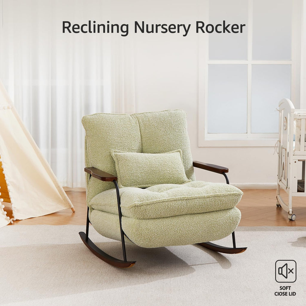 zyz Nursery Rocking Chair with Pillow, Teddy Upholstered Oversized Accent Chair Rocker Recliner, Solid Wood Frame, DIY Ottoman Footrest, Lazy Sofa for Living Room Bedroom (Teddy, Light Green)