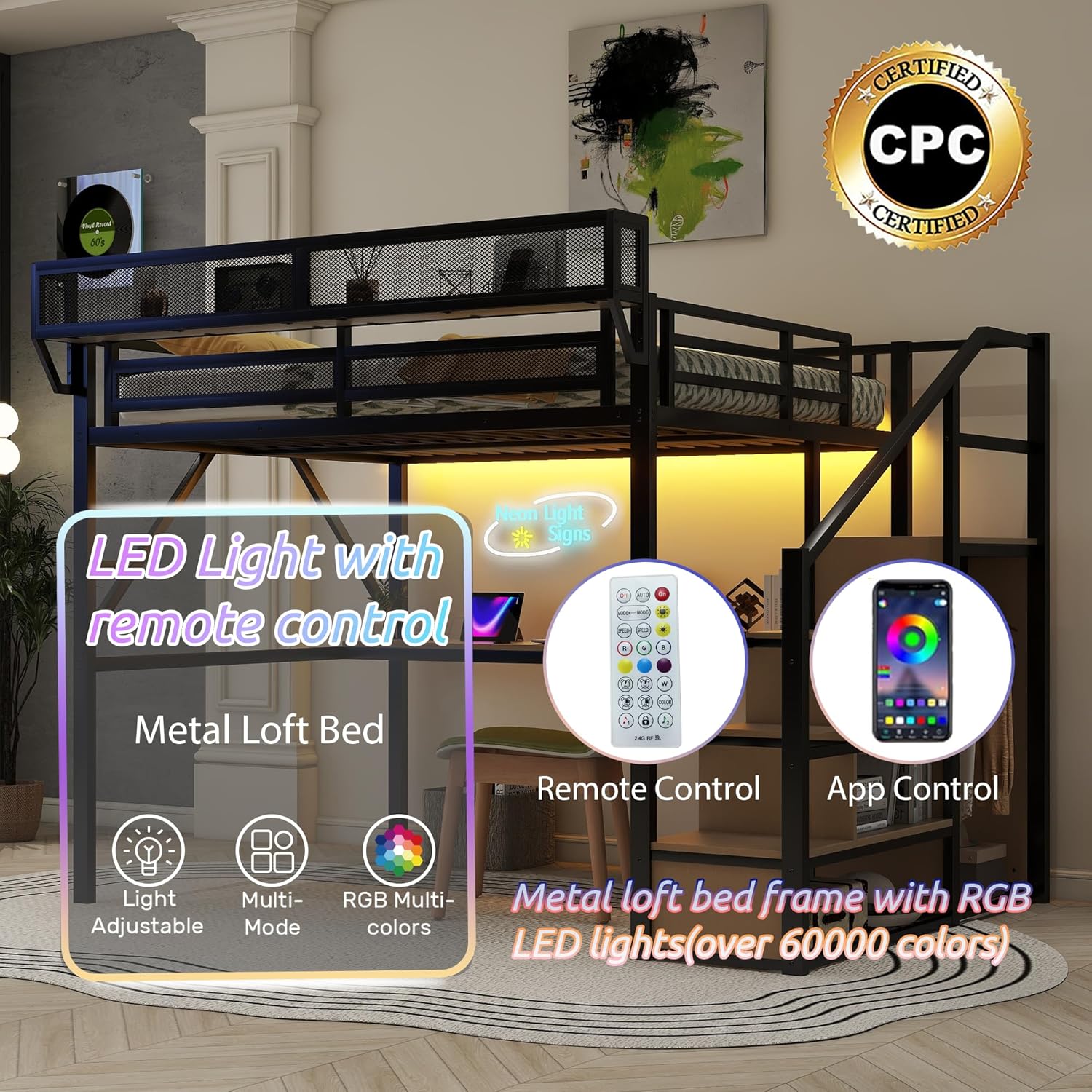 Mirightone Full Size Loft Bed with Stairs & Desk, Metal Loft Bed Frame with LED and Charging Station, High Loft Beds Gaming Lofted Full Bed with Storage Shelf for Kids and Teens (Black+Natural)