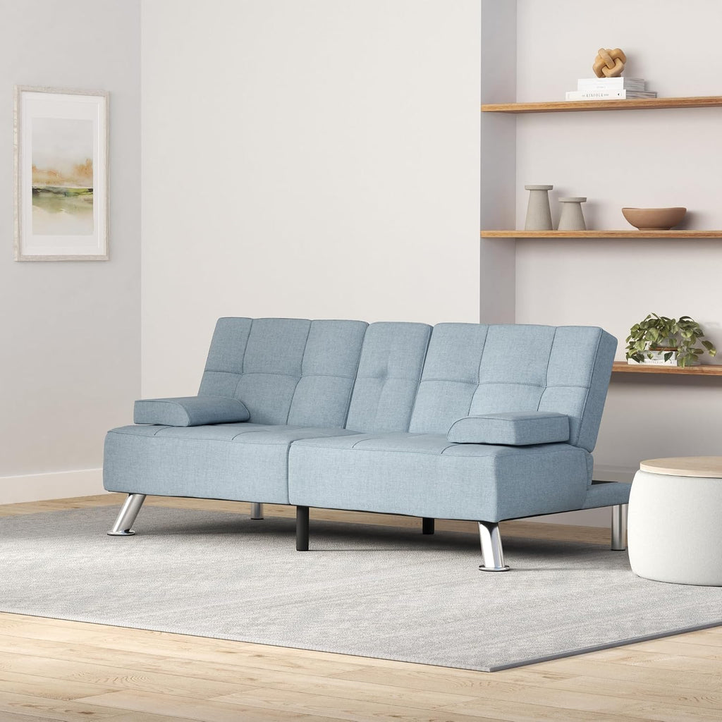 Best Choice Products Linen Modern Folding Futon, Reclining Sofa Bed for Apartment, Dorm w/Removable Armrests, 2 Cupholders - Light Blue