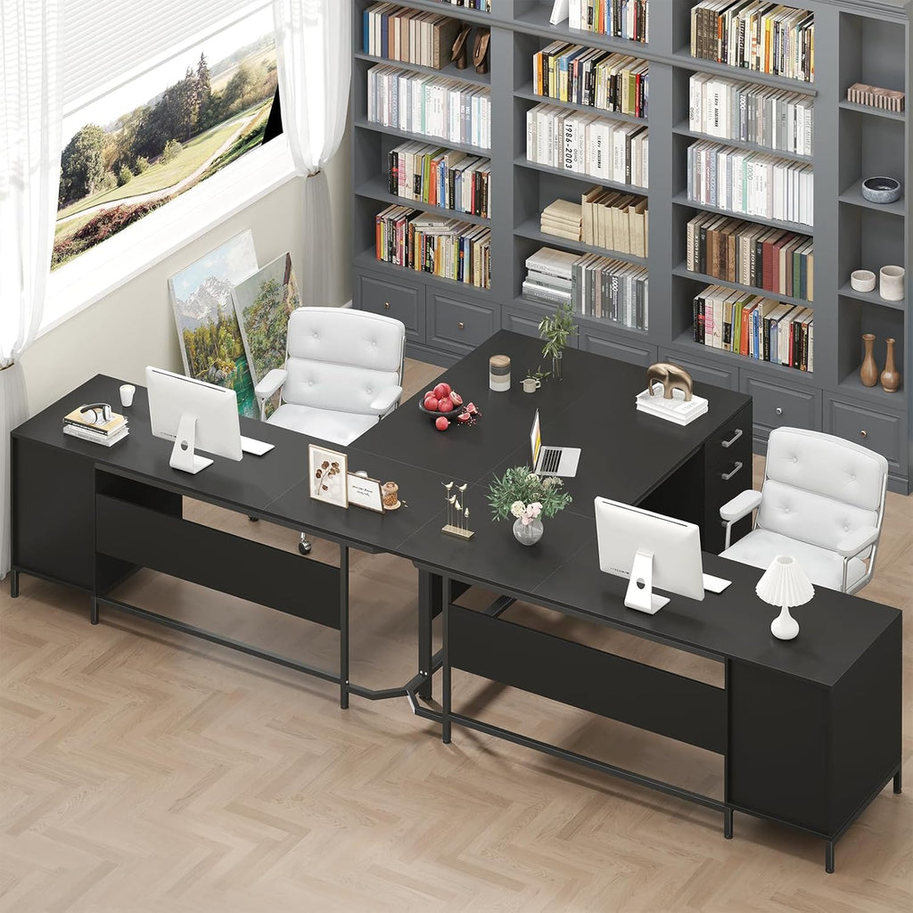 TVU 59'' L Shaped Desk with 6 Wood Drawers, Large Home Office Corner Computer Desk with Storage File Cabinet, Modern Metal Wood Desk for Executive Writing Study Workstation, Black