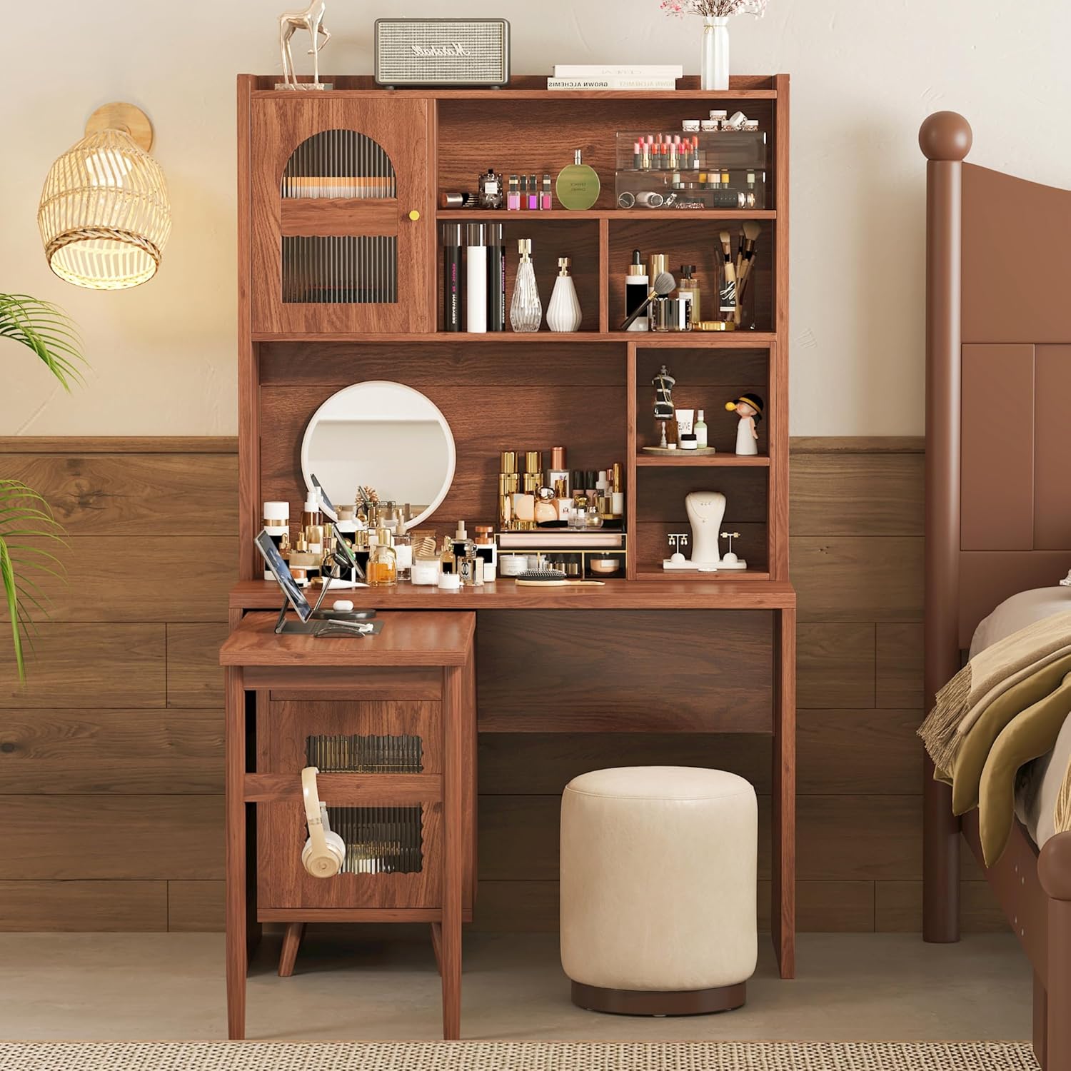 Bellemave Computer Desk with 90 Degree Rotating Desktop, 43x70 Inch Home Office Desk with Drawer and Storage Cabinets, Gaming Desk with Shelves, Writing Desk for Study (Walnut)