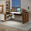 Tribesigns L-Shaped Executive Office Desk, 70.5-Inch Mid-Century Modern Executive Desk with Storage Cabinet and Shelves, Large Computer Desk for Home Office, Brown + White