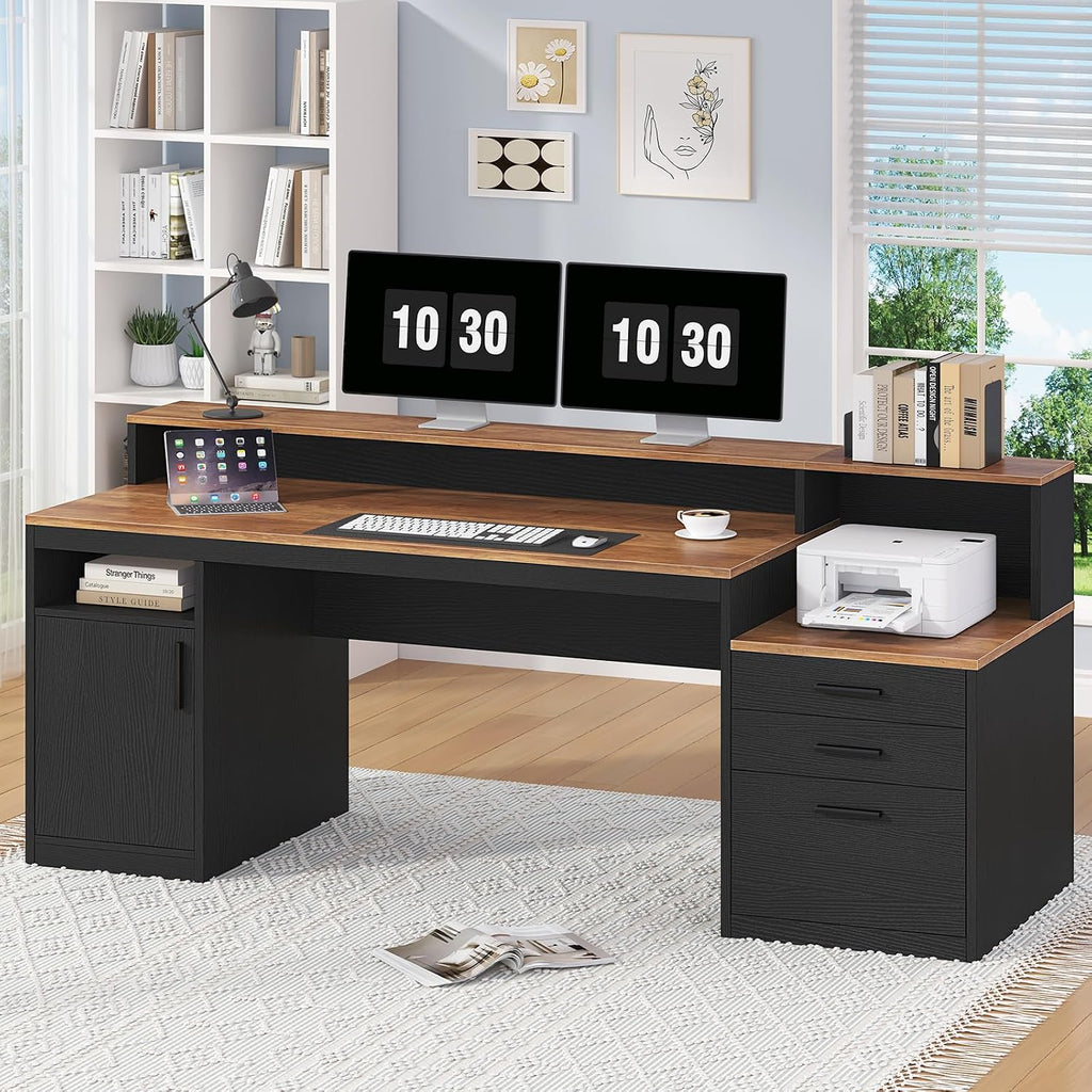 YOMILUVE Computer Desk with 3 Drawers & Storage Shelves, 65 Inch Home Office Desk with File Drawer & Cabinet, Writing Study Desks with Monitor Stand & Printer Shelf, Executive Desk, Brown and Black