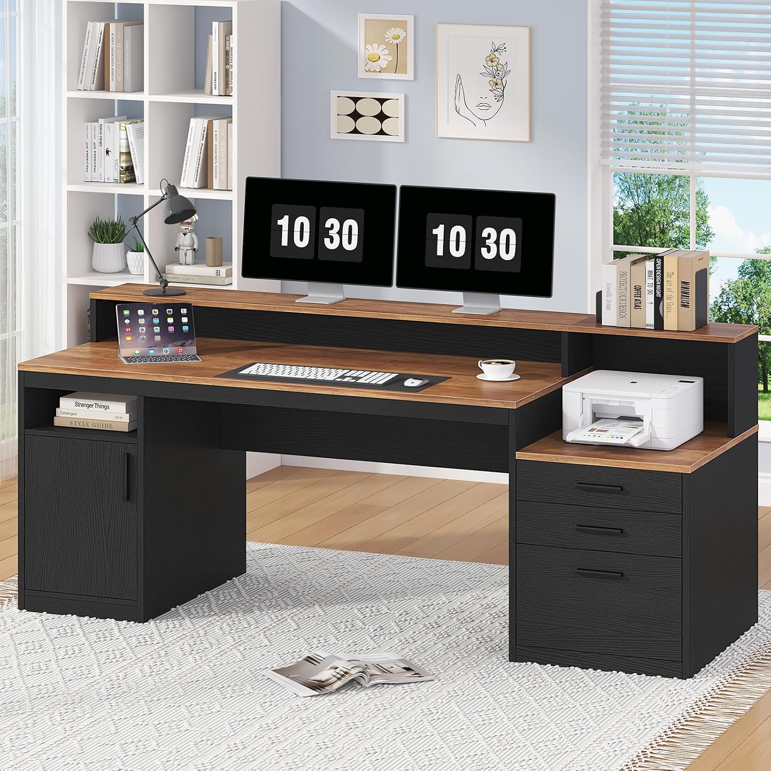 YOMILUVE Computer Desk with 3 Drawers & Storage Shelves, 65 Inch Home Office Desk with File Drawer & Cabinet, Writing Study Desks with Monitor Stand & Printer Shelf, Executive Desk, Brown and Black