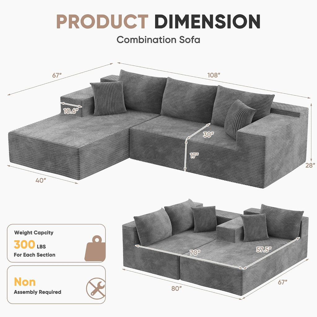 Homall 108' Modular Sectional Sofa, Boneless Couch with L-Shape Chaise, Cloud Couch with Deep Seat Upholstered, No Assembly Required for Living Room, Bedroom (Corduroy, Grey)