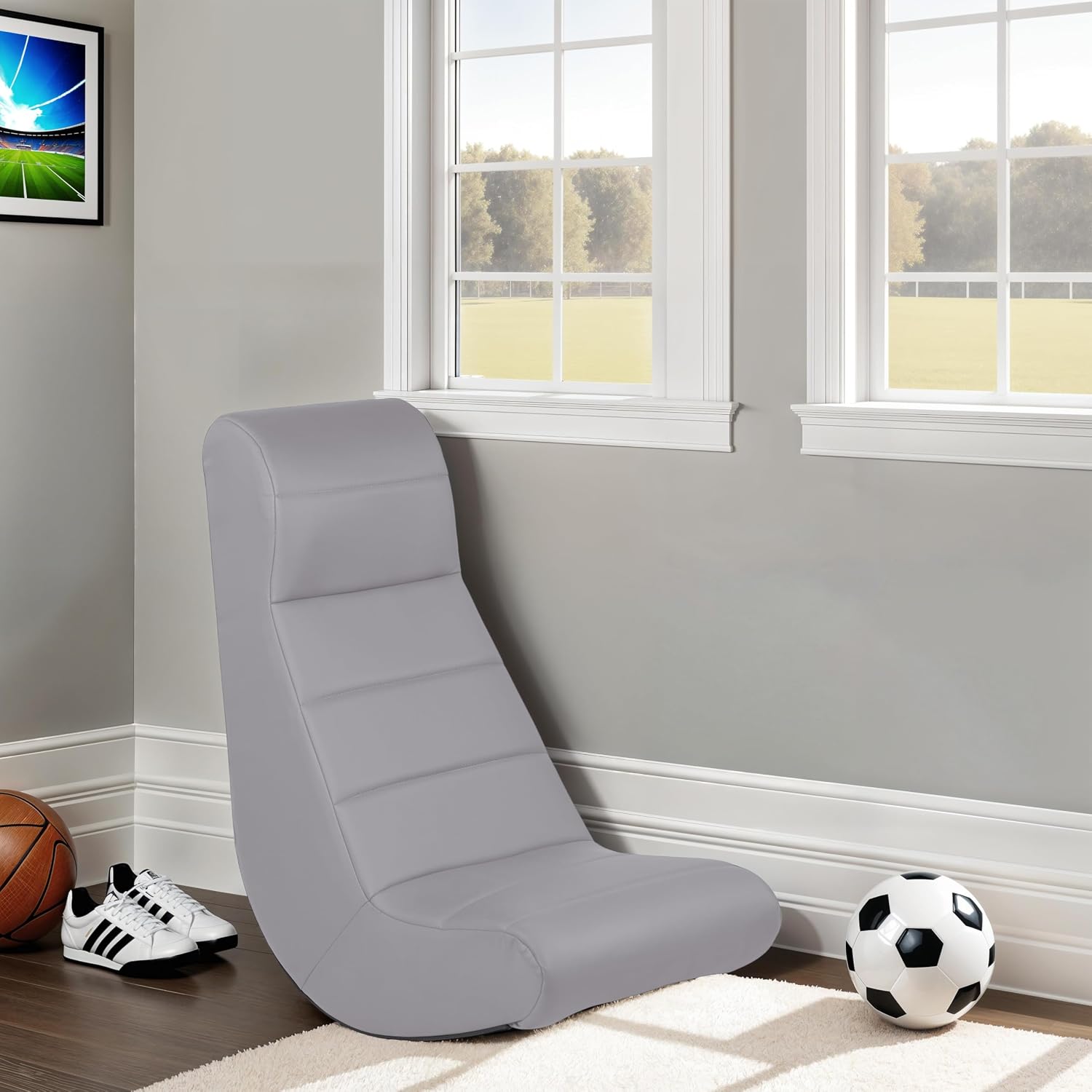 Factory Direct Partners Soft Ergonomic Horizontal Soft Floor Video Rocker - Cushioned Ground Chair Great for Reading, Gaming or Watching TV for Kids, Teens and Adults - Gray, 10489-GY