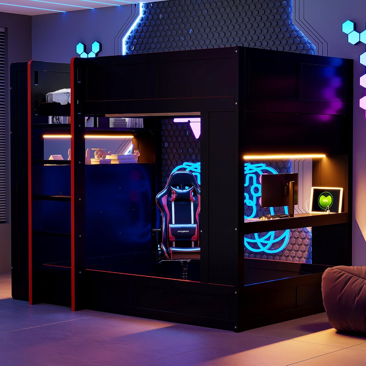 LUMISOL Full Size Gaming Loft Bed with Desk, Wood Bunk Bed Frame with Storage Shelves, LED and Charging Station, Black