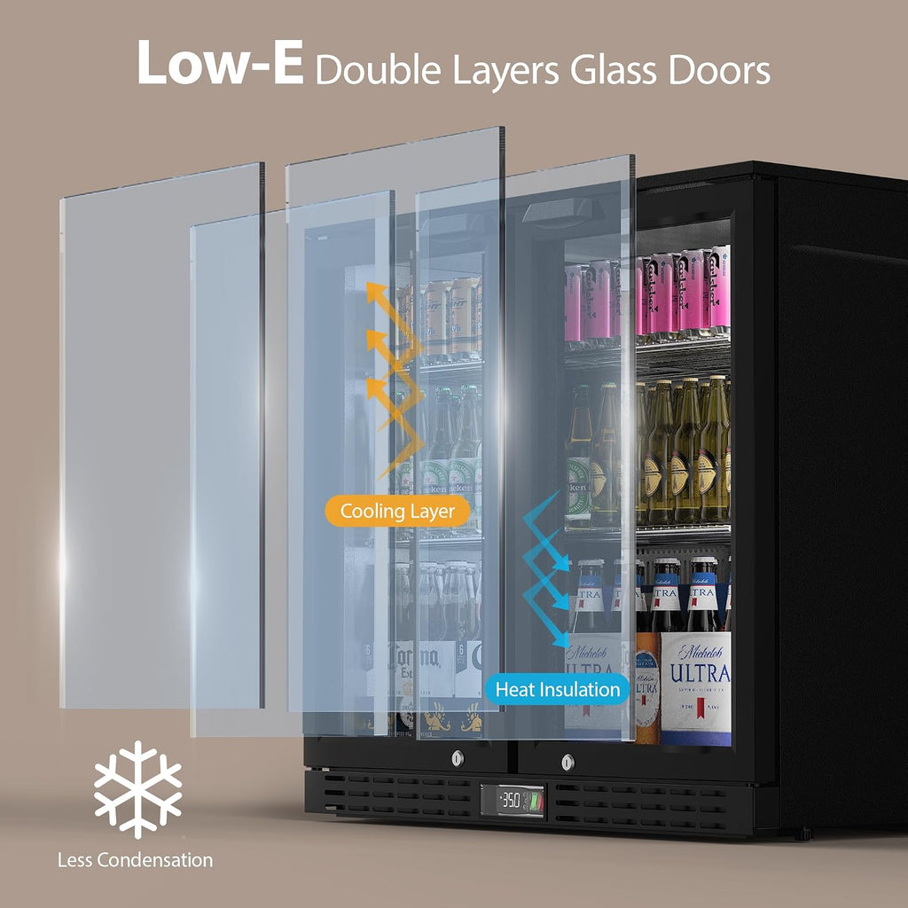 Coolake Back Bar Cooler Refrigerator with 2 Glass Doors, 7.4 cu.ft Commercial Under Counter Height Beverage Refrigerator with LED Lighting, Display Drink Fridge for Home Bar, Man Cave, Garage, Office