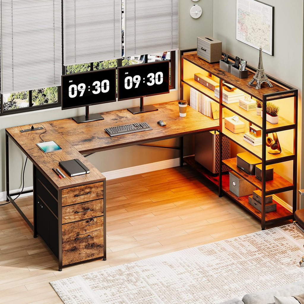 SEDETA L Shaped Desk with Storage Shelves, 64.5' Reversible U Shaped Office Desk with 3 Fabric Drawers, Gaming Desk with Power Outlet & LED Strip for Home Office, Rustic Brown