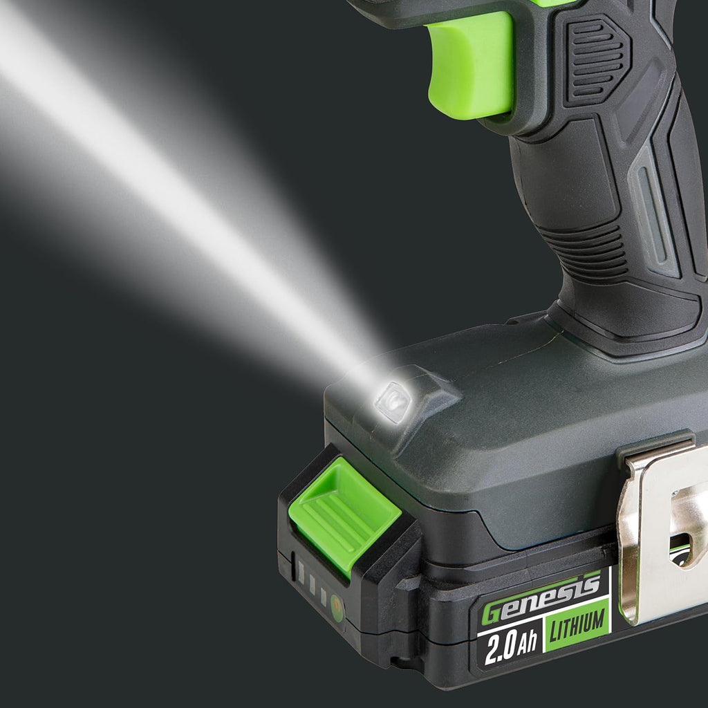 Genesis G20MAX 20V Drill/Impact Driver Combo Kit, LED Light Metal Ratcheting Chuck, 450 in-lbs drill, 1600 in-lb Impact Driver Two 2.0Ah Batteries, Charger, and Storage Bag GL20DIDKB2