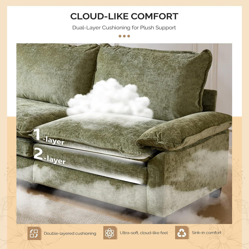 VINGLI 122' Cloud Double-Layer Deep Convertible Sectional Sofa, Comfy L-Shape 3-Seat Couches for Living Room, Modern Couch with Movable Ottoman for Small Space, Olive Green, Chenille