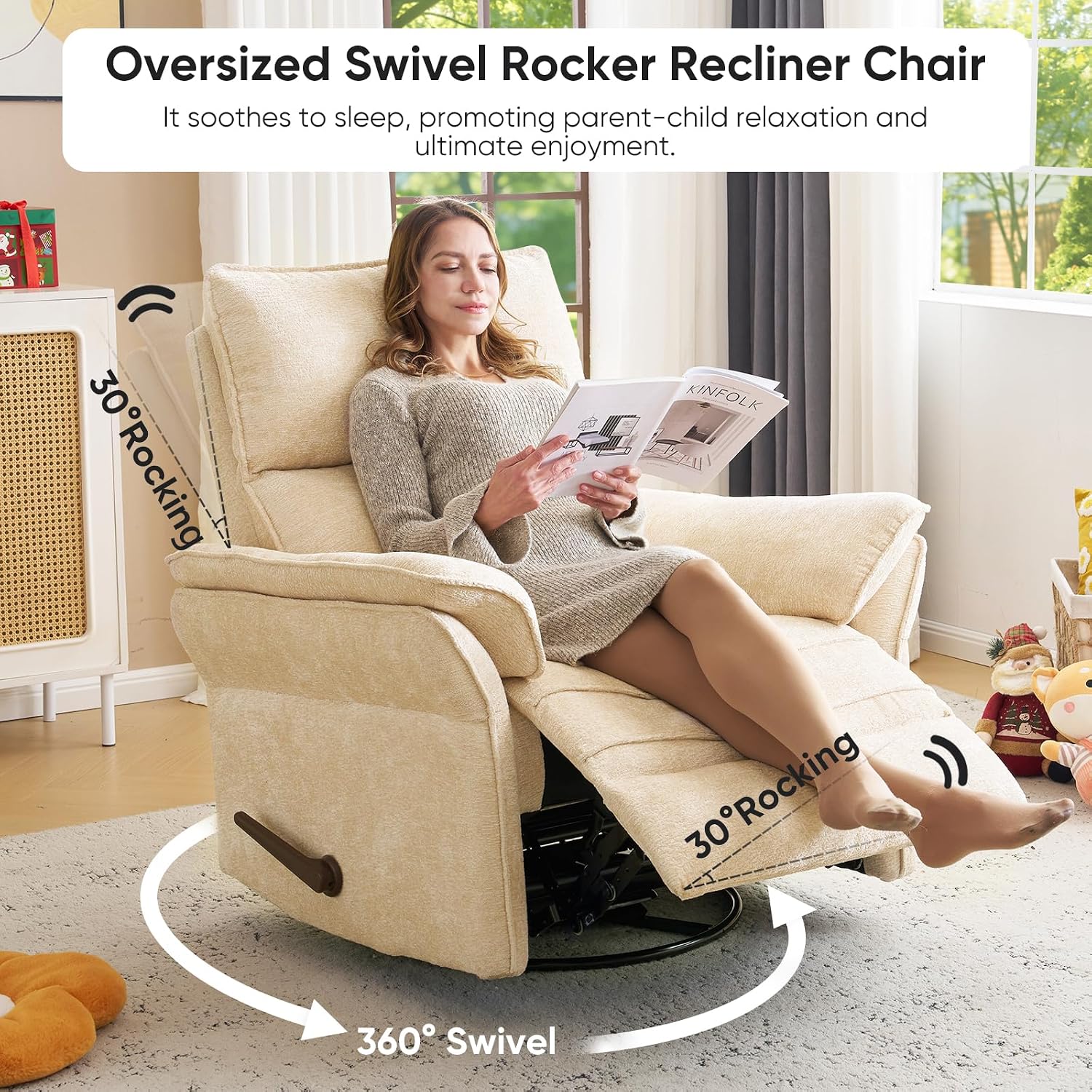 Rocking Chair Nursery with Adjustable Headrest,Manual Swivel Rocker Recliner Nursery Chair with Overstuffed Armrest,Glider Rocker Recliner for Living Room & Bedroom,Beige