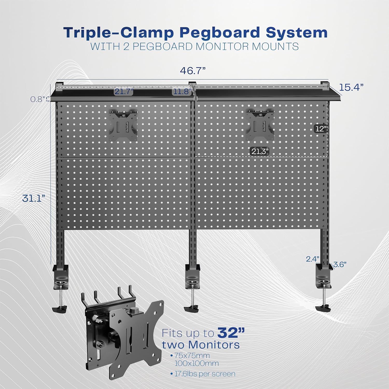 VIVO Steel Triple Clamp 47 x 31 inch Desk Pegboard System with 2 Monitor Mounts and Storage Shelf, Fits up to 32 inch Screens, Office Accessory Organizer, Black, PP-DK48SB