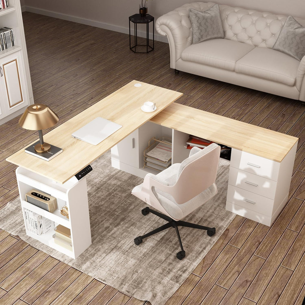 63' W Height Adjustable Standing Desk with Drawers & Cabinet, Electric Stand up Desk with Storage, L Shaped Home Office Table Corner Computer Workstation, White & Oak (28.4'-45.8' H)