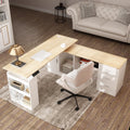 63' W Height Adjustable Standing Desk with Drawers & Cabinet, Electric Stand up Desk with Storage, L Shaped Home Office Table Corner Computer Workstation, White & Oak (28.4'-45.8' H)